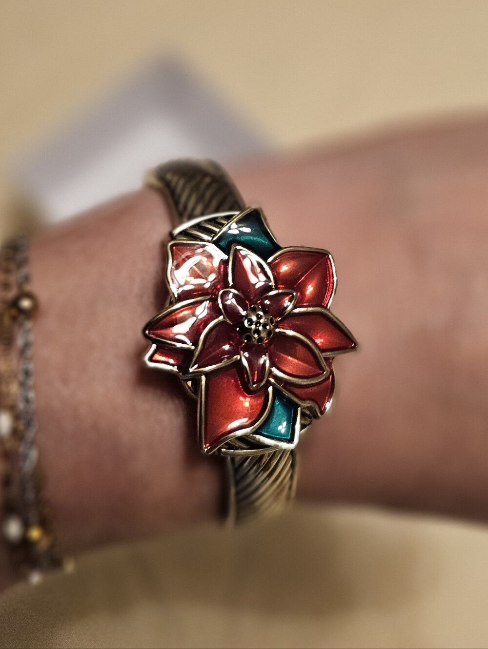 Ann Klein Vintagw Holiday Red Flower Enamel Bracelet Watch Women Jewelry